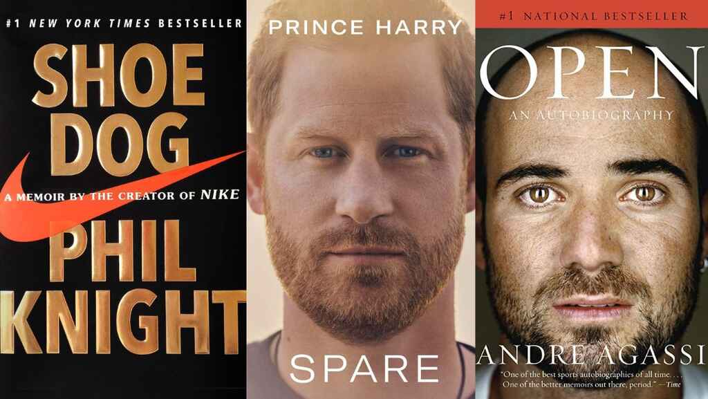 Three book covers displayed side by side. On the left is Shoe Dog by Phil Knight, in the middle is Spare by Prince Harry, and on the right is Open by Andre Agassi
