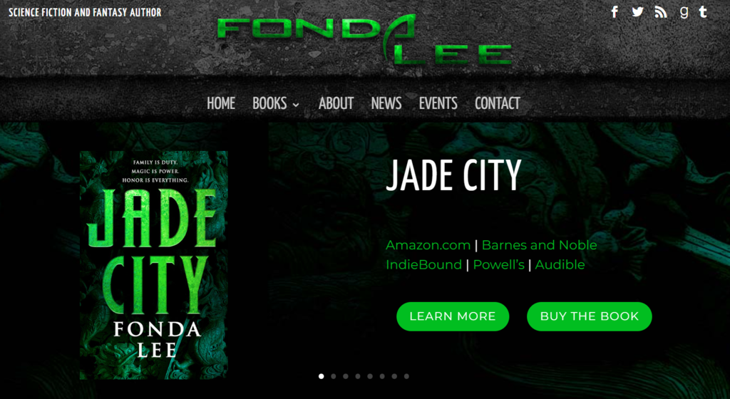 Fonda Lee's logo and the book 'Jade City' on a dark background. The logo and book title are in neon green, together with some complimentary elements in the background picture.