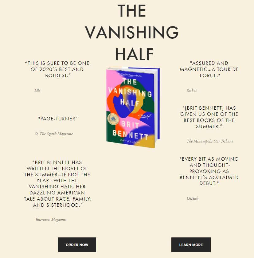Bennett's bestselling book 'The Vanishing Half' and praise from reviewers.
