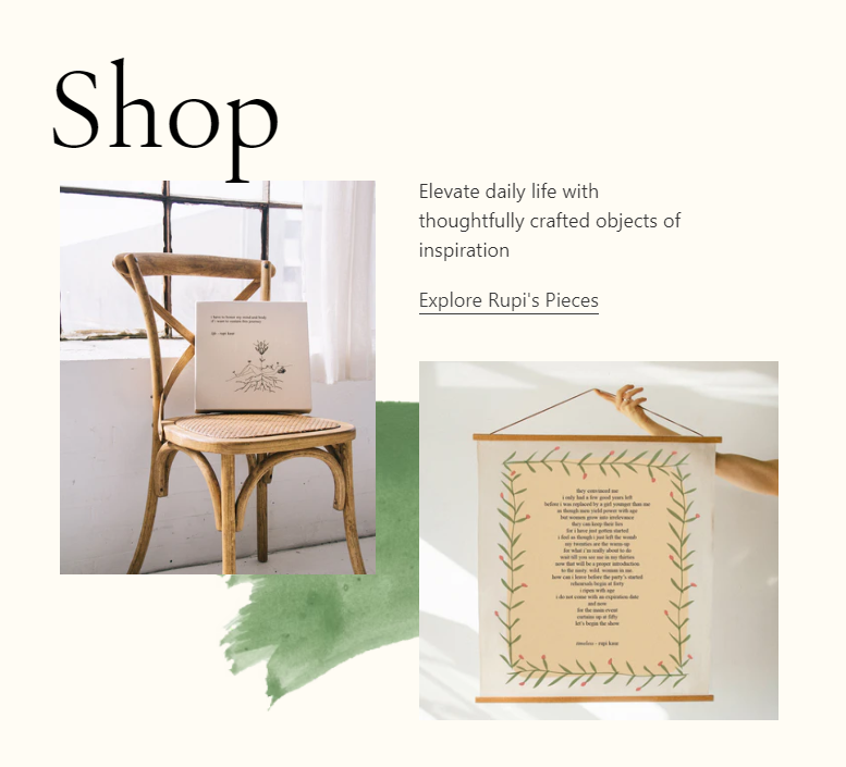 Rupi Kaur's website links out to her shop with photos of a chair and a print of her poetry 