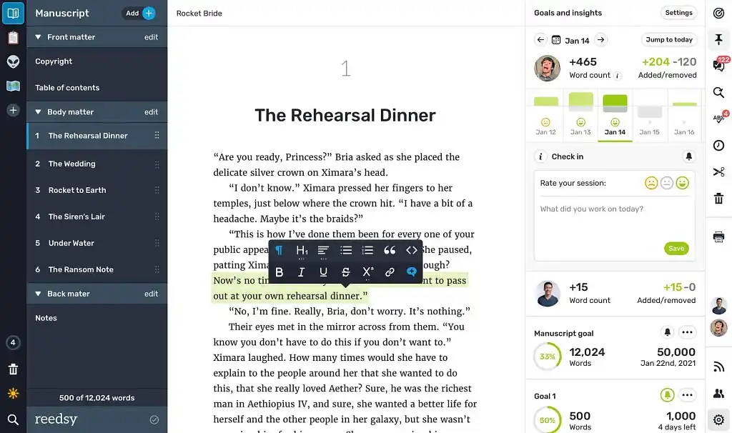 Set word count goals in Reedsy Studio