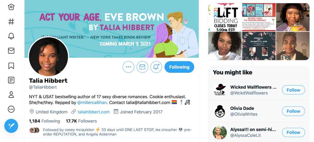 Social Media for Writers | Talia Hibbert Twitter