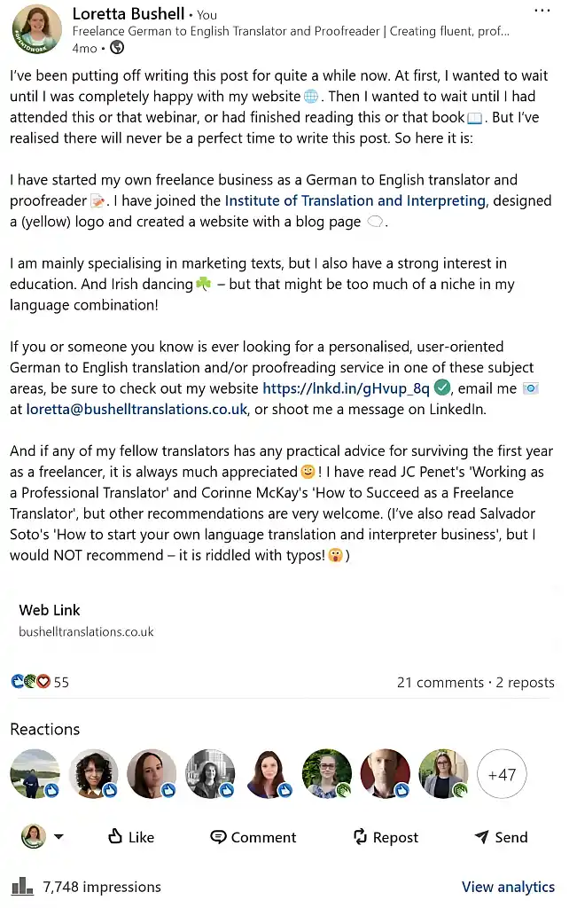 A LinkedIn post by Loretta Bushell