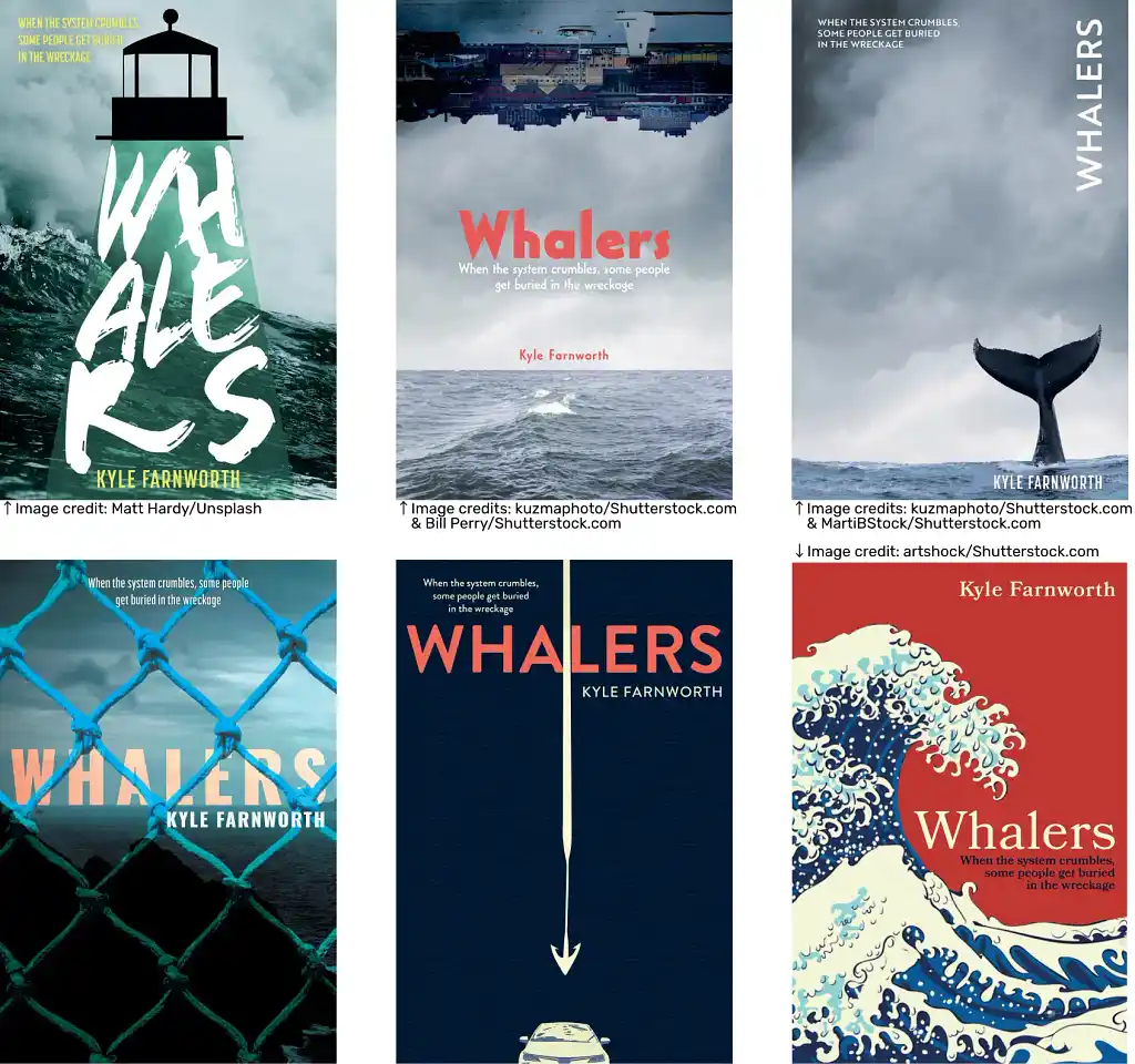 Six early design concepts for the cover of Whalers by Kyle Farnworth