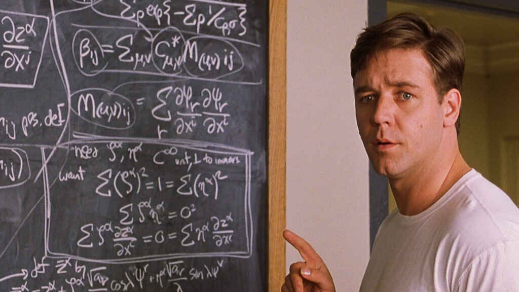Still from the movie a Beautiful Mind with John Nash in front of a dashboard