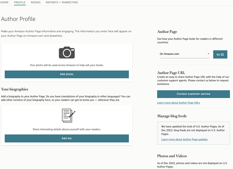 Screenshot of Amazon Author Central's dashboard after the December 2022 redesign.