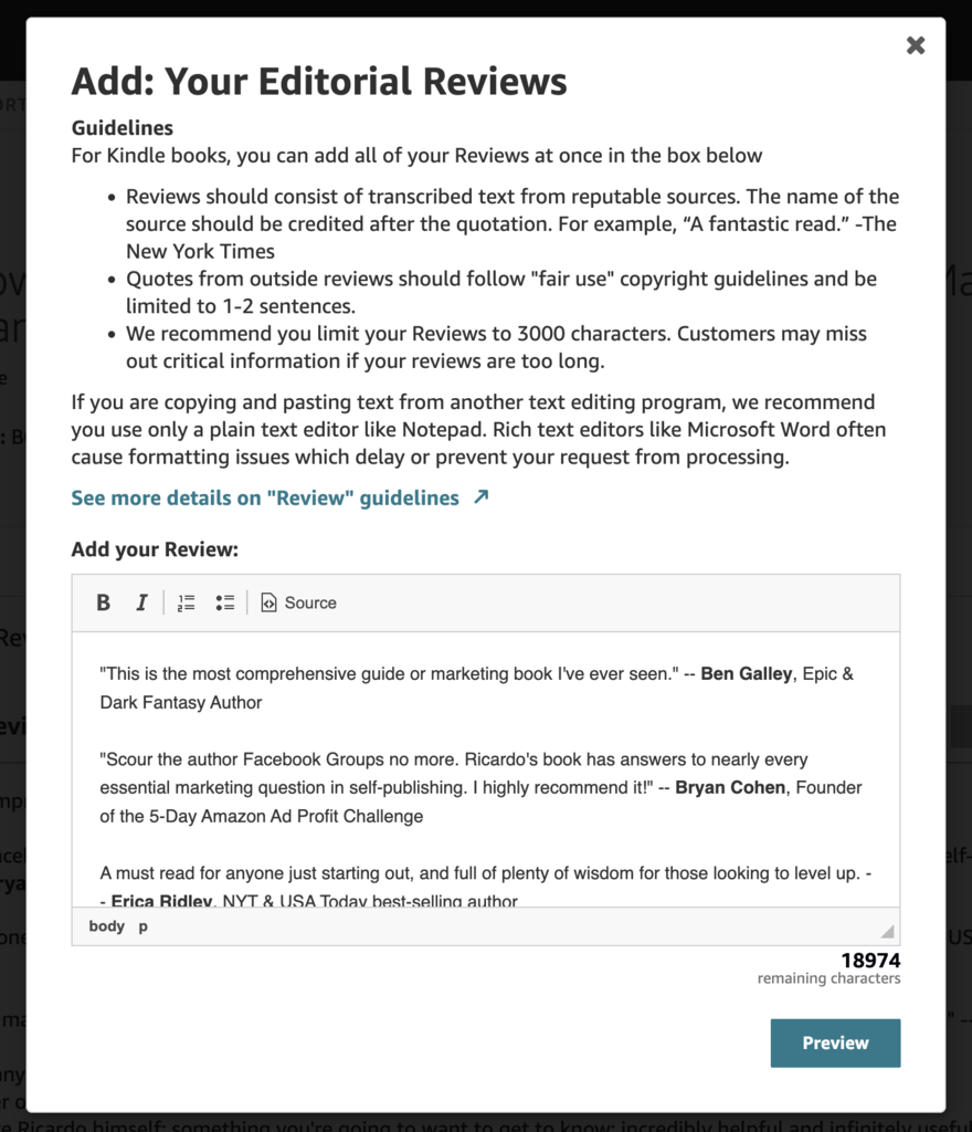 Amazon Author Central screenshot of the box allowing users to paste in a new editorial review