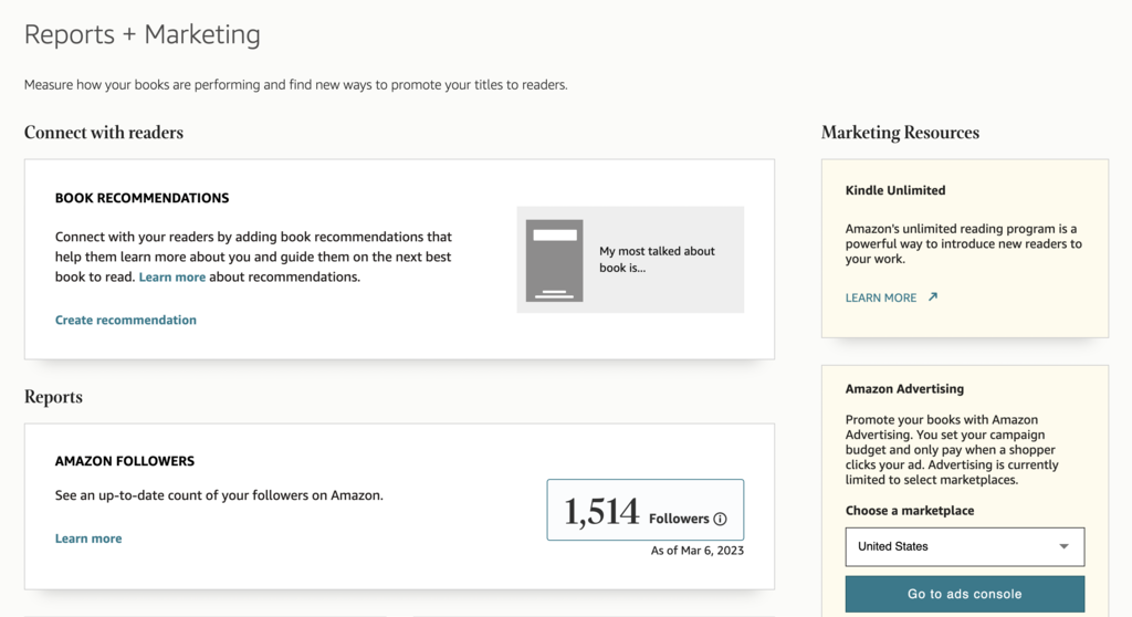 Screenshot from the Reports and Marketing section of Amazon Author Central, showing total follower count.