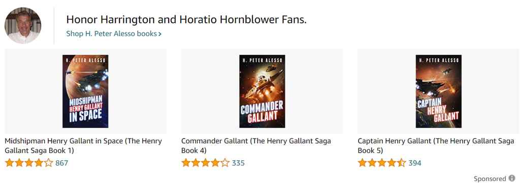 Screenshot of an Amazon Sponsored Brand ad with author photo and three books