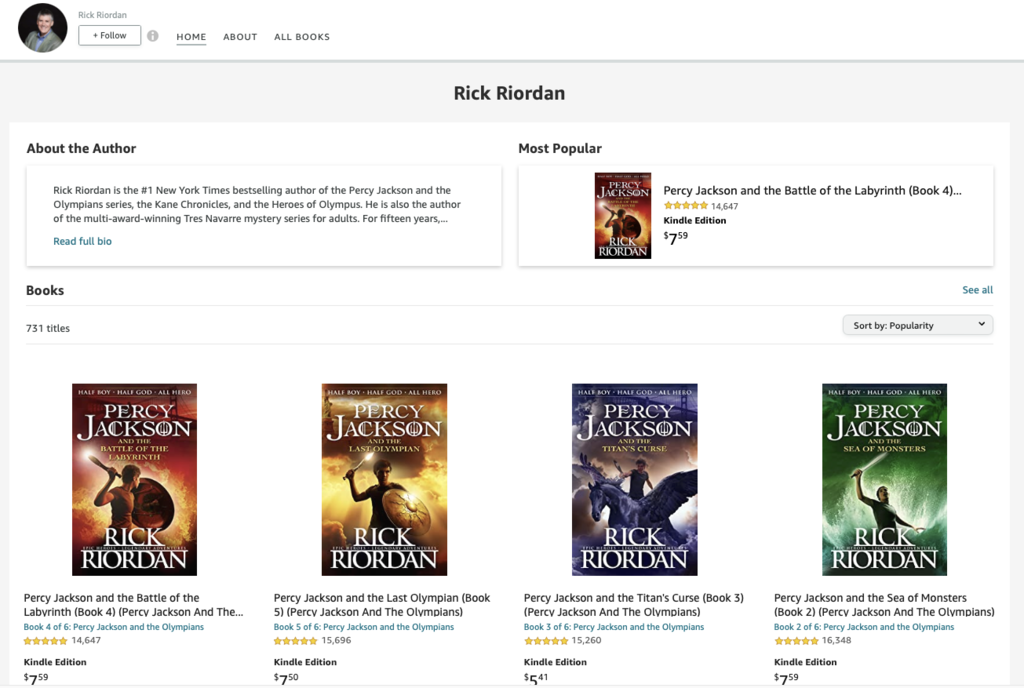 Screenshot of Rick Riordan's Author Page. The extended bio is in another tab on this page.
