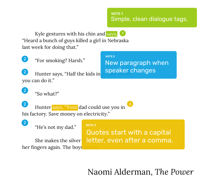 Dialogue examples - annotated passage of The Power by Naomi Alderman