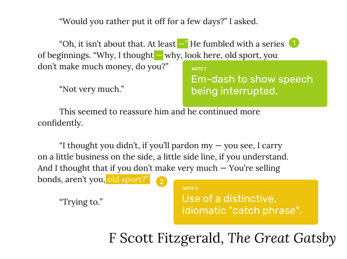 Dialogue examples - annotated passage of The Great Gatbsy by F Scott Fitzgerald