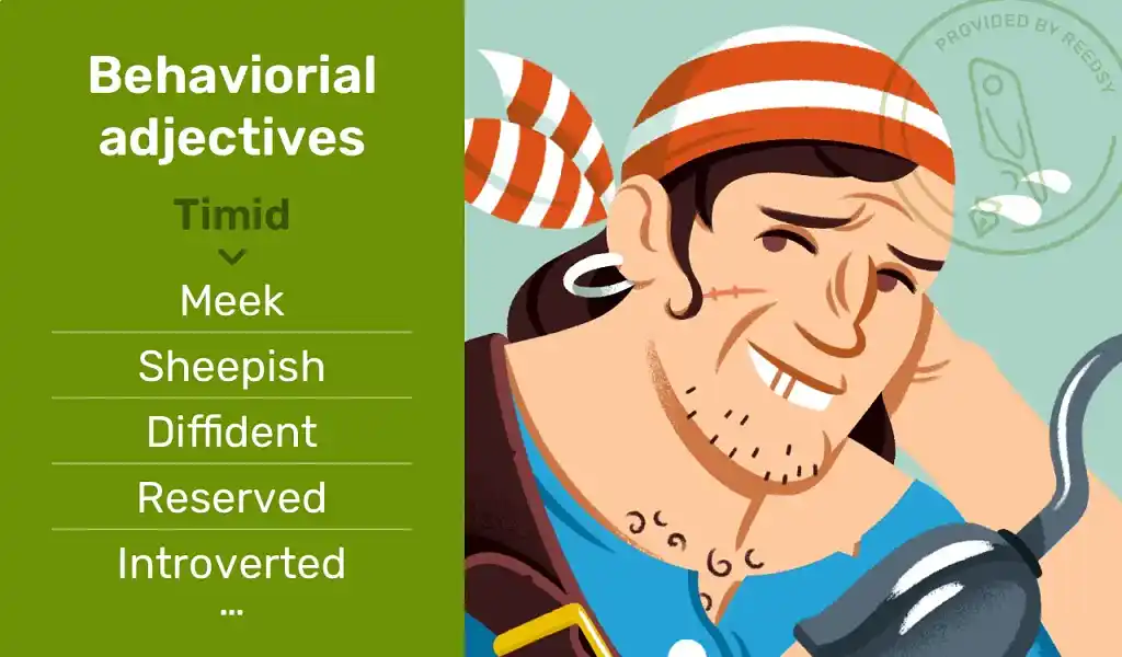 Illustration of a shy pirate with adjectives describing him