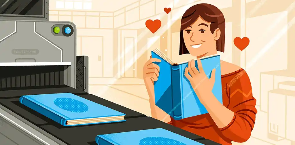 An author picking up their book from a printing press. they love the book!