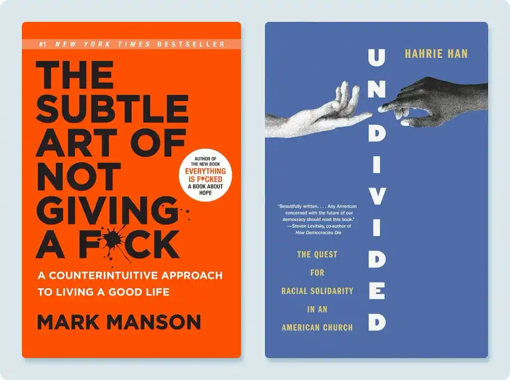 Two book covers with bold typography