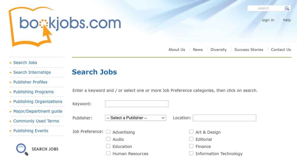 Book publishing jobs - screenshot of bookjobs.com