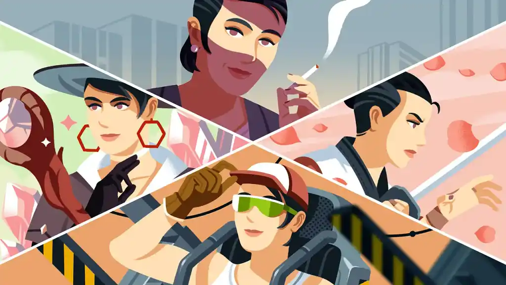 An illustrated character in different settings