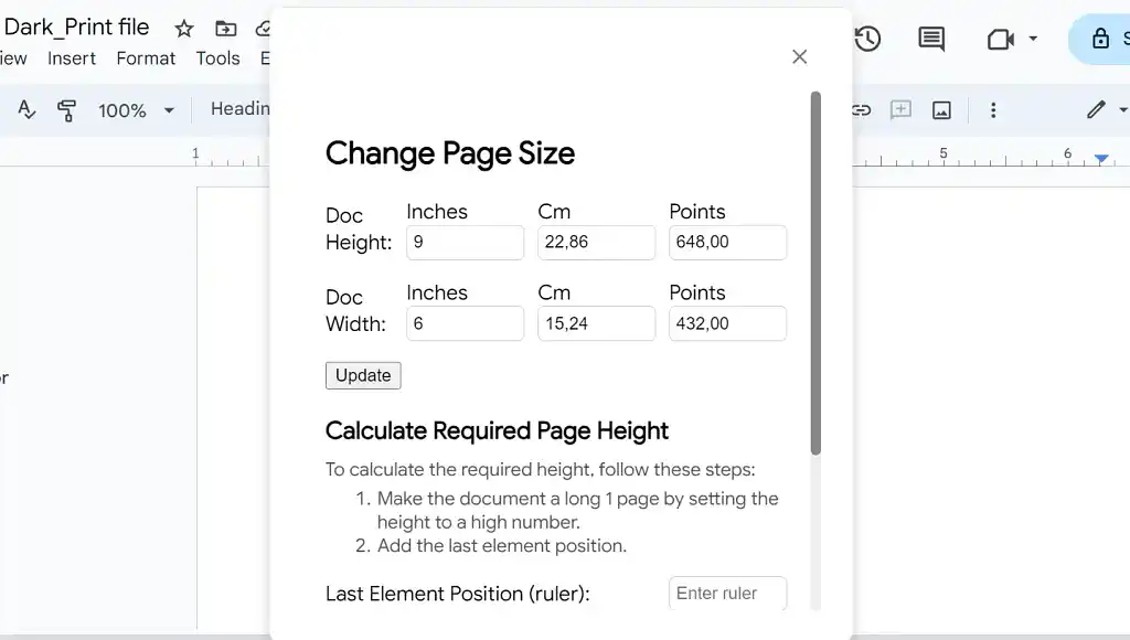 Screengrab of changing a Google Docs page size with a plugin