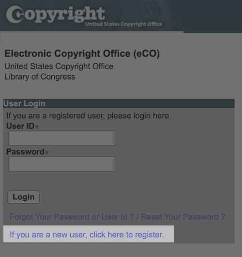 Copyright Office sign up page