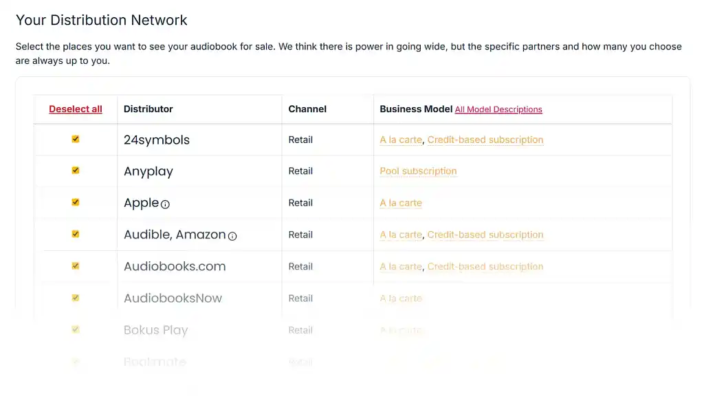 A list of 34 retailers and libraries with checkboxes