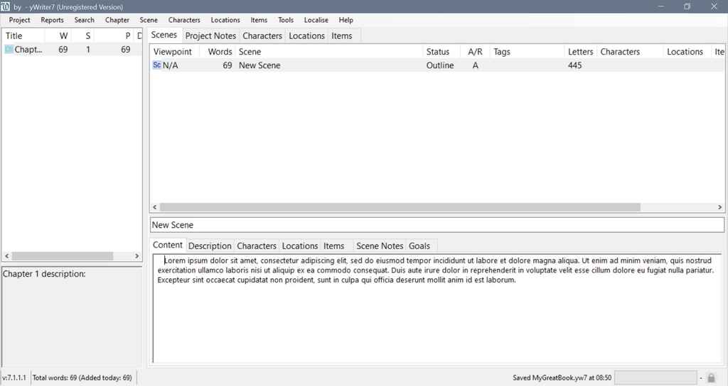Book Writing Software | screenshot of a new scene in yWriter