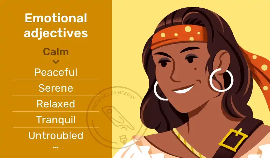 Illustration of a relaxed pirate with adjectives describing her