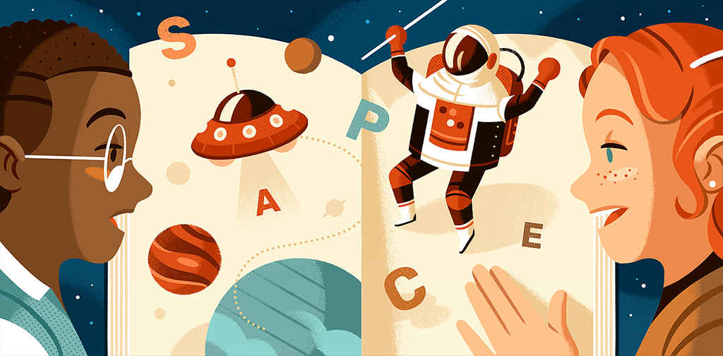 Book Design | Illustrations — two children look amazed at images of a spaceman emerging from a book.