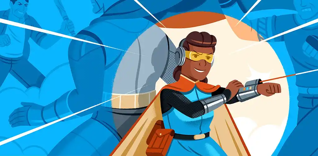A young sidekick fires lasers from her armbands