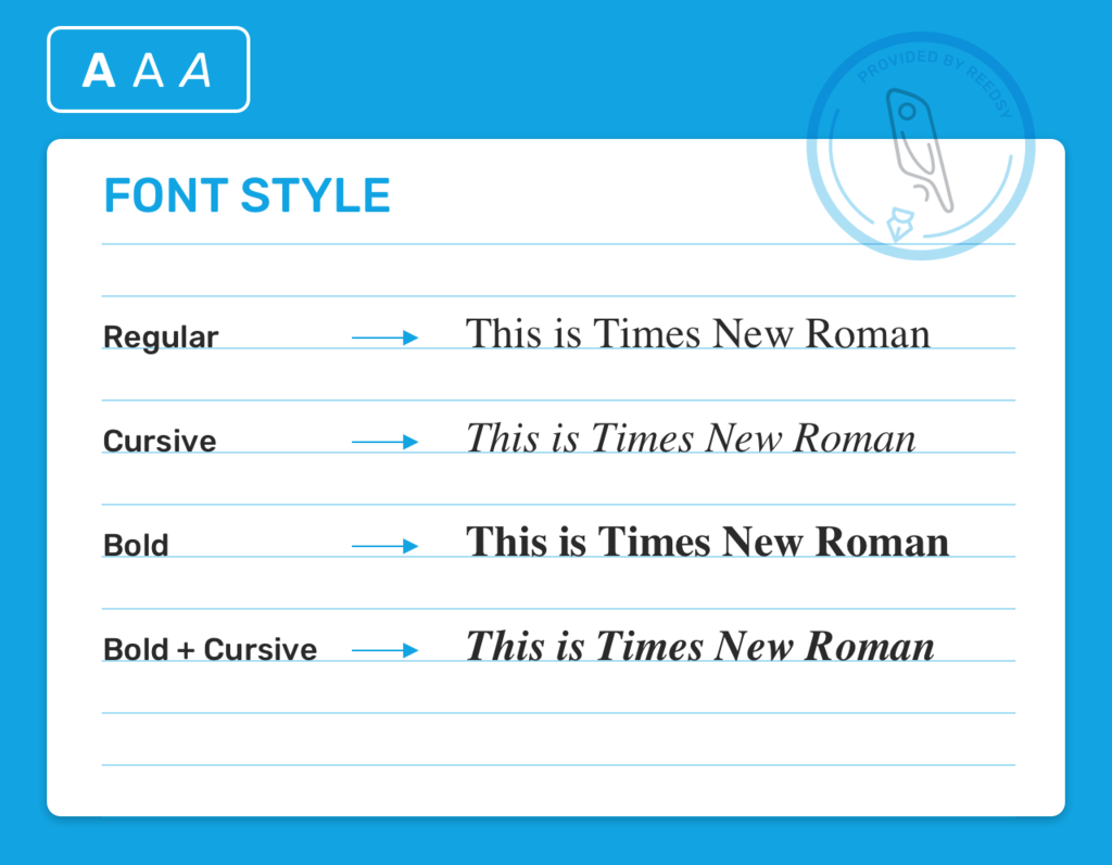 A comparison of regular, cursive, bold, and cursive plus bold font in Times New Roman
