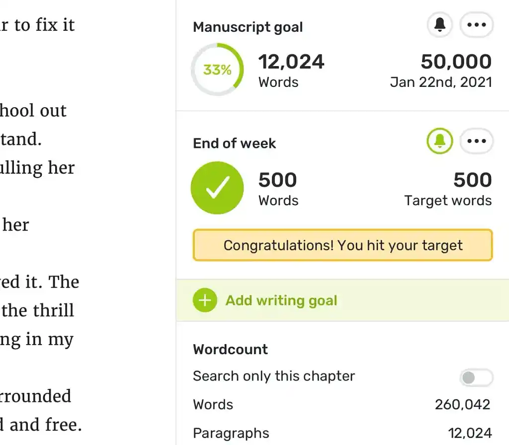 Screengrab of Reedsy's book editor with a writing goal set of 50000 words for Nanowrimo