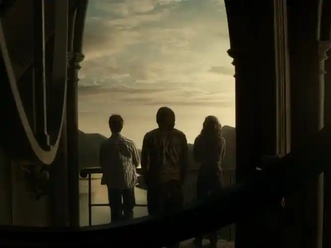 The main characters of Harry Potter, staring into the horizon