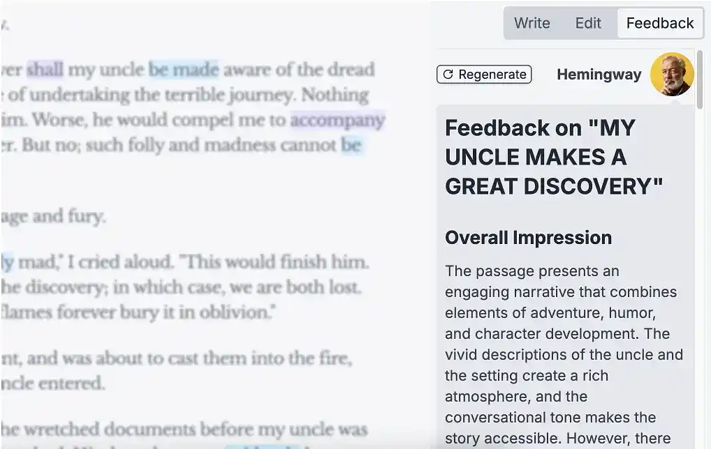 Ai feedback from hemingway, screengrab