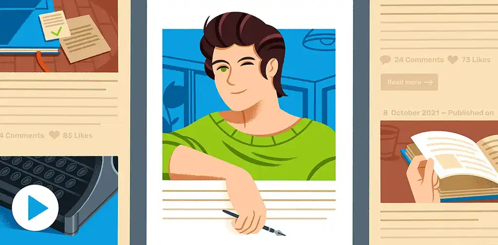 An author's face on a webpage, winking at the camera