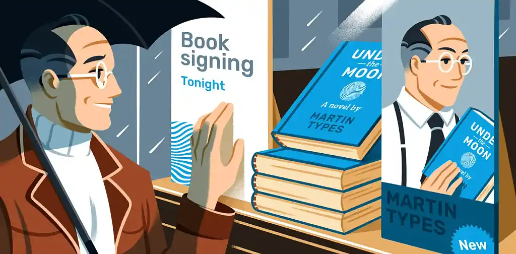 An author looking at their book