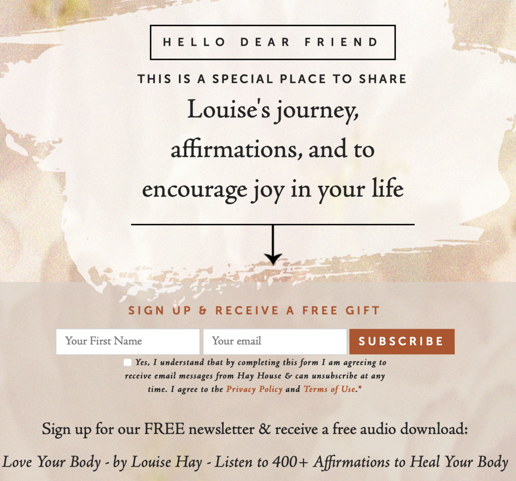 A screenshot from Louise Hay's website shows a field asking visitors for their email address in exchange for a free audio file of affirmations.