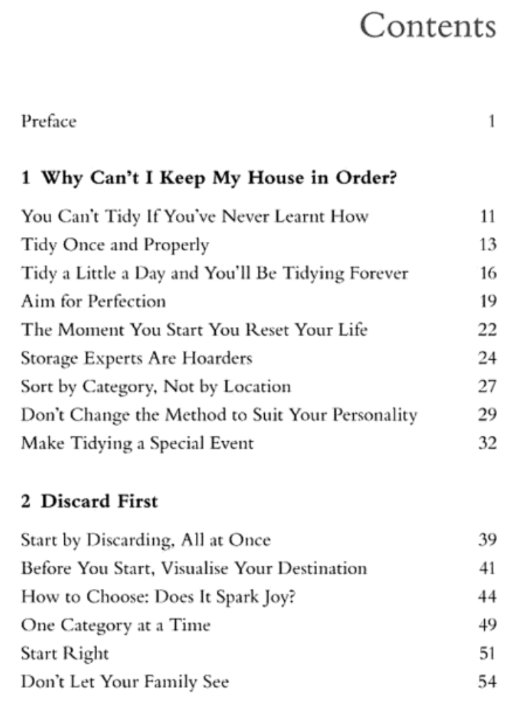 Screenshot of Marie Kondo's table of contents in her famous book 'The Life-Changing Magic of Tidying Up'