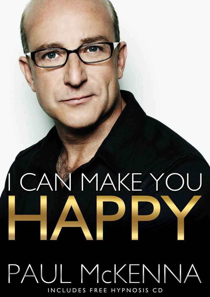 Book cover for hypnotist Paul Mckenna's book 'I Can Make You Happy'. In the cover, he is seen staring at the reader.