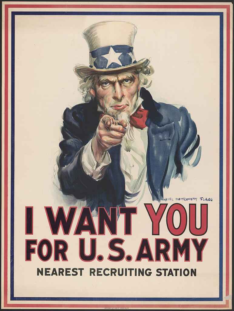 Famous war recruitment poster with Uncle Sam pointing to the reader and saying 