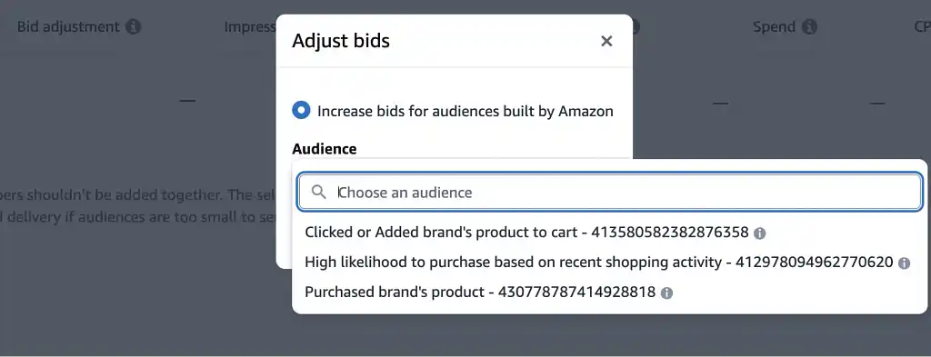 Popup asking whether the users wants to increase bids for audiences built by Amazon on Amazon Ads