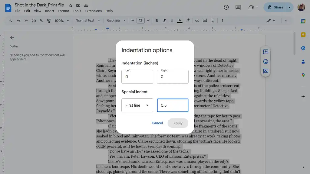 Screengrab of adding indentation in Google Docs