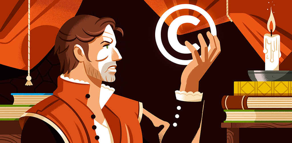 Hamlet holds a copyright symbol, as if to question the need for it.