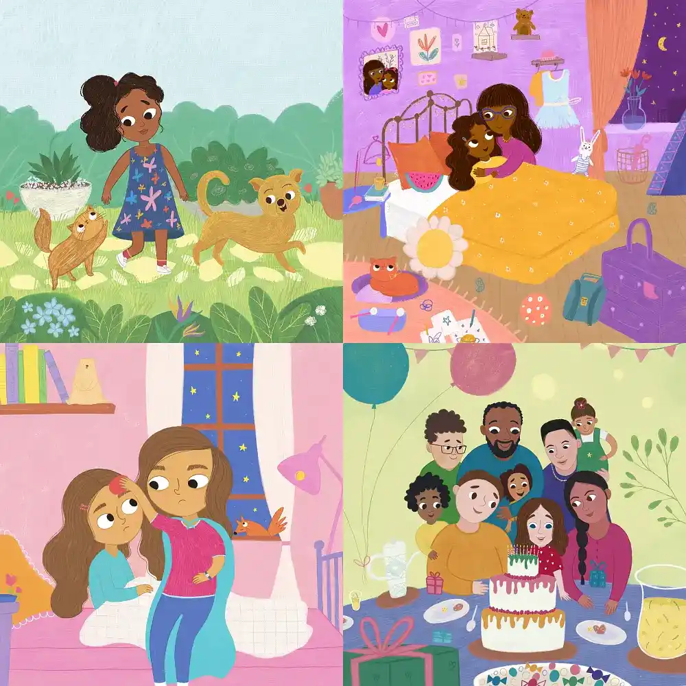 Children's book illustrations of kids painting, dancing, and swimming with whales and turtles