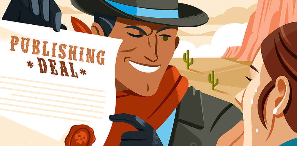 Suspicious-looking cowboy winking toward the viewer, while holding a piece of paper that says Publishing Deal