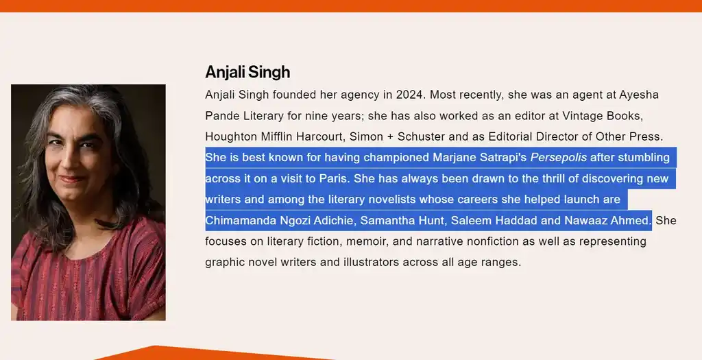 Screengrab of a literary agent's website page showing her clients