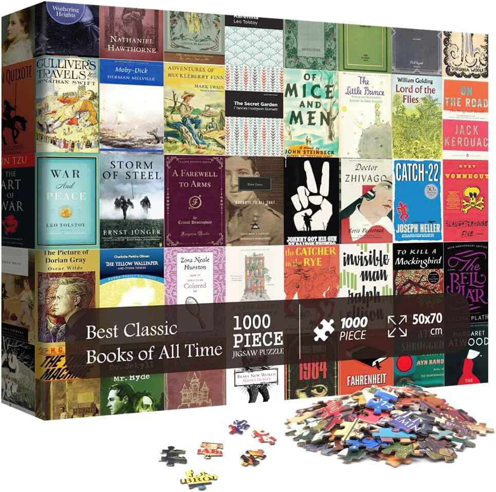 A literary puzzle comprised of book covers from must-read classics