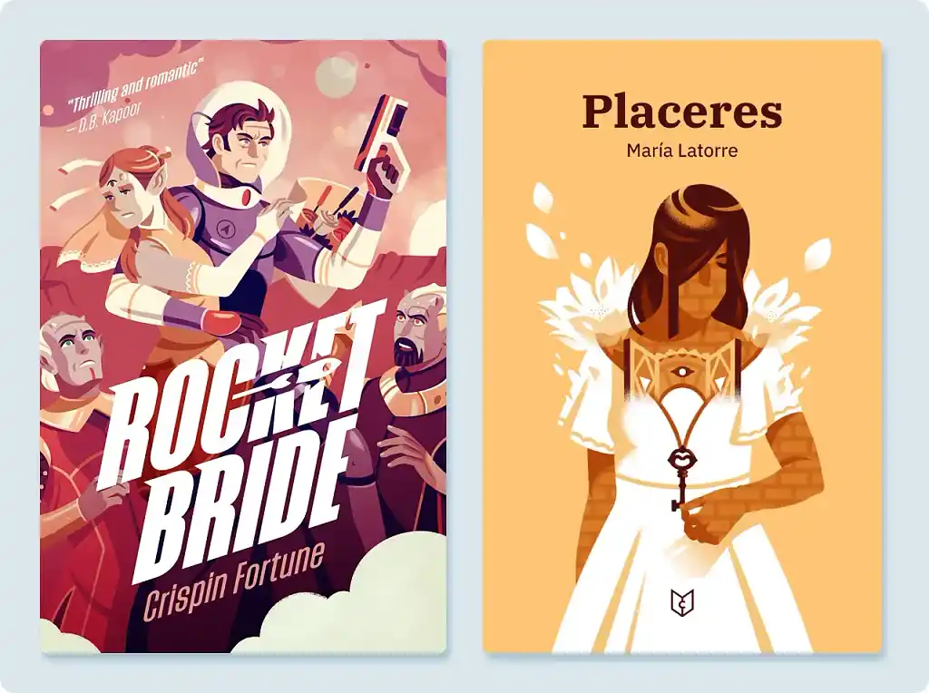 Characters and setting on the cover of Rocket Bride, contrasted with the abstract image on the cover of Placeres