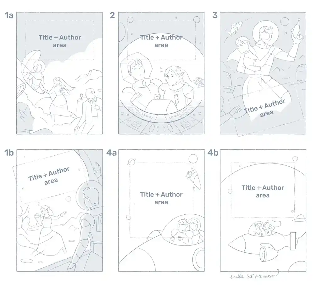 6 different illustrations of an escape scene featuring an intergalactic smuggler and a princess