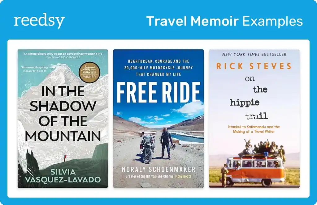 Book covers from three travel memoir examples