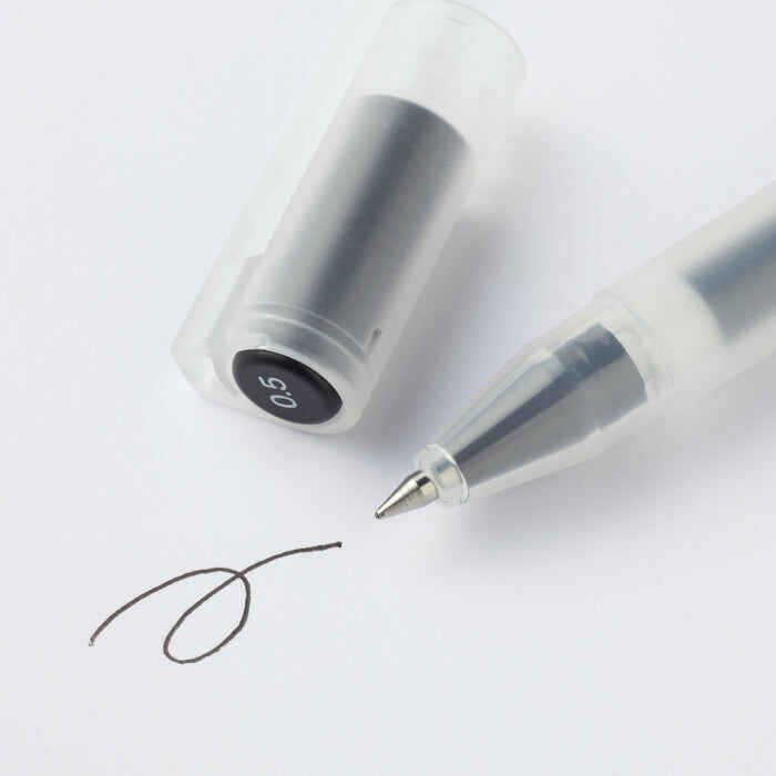 Photo showing the gel pen tip of Muji pens, in black and 0.5mm thickness