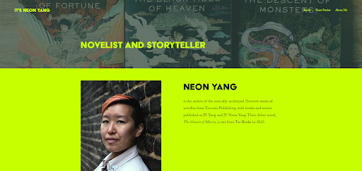 The upper half of Neon Yang's website is set against a backdrop of the book cover of their 'Tensorate series.' The lower half features a photo of the author and a short bio on a lime green background.